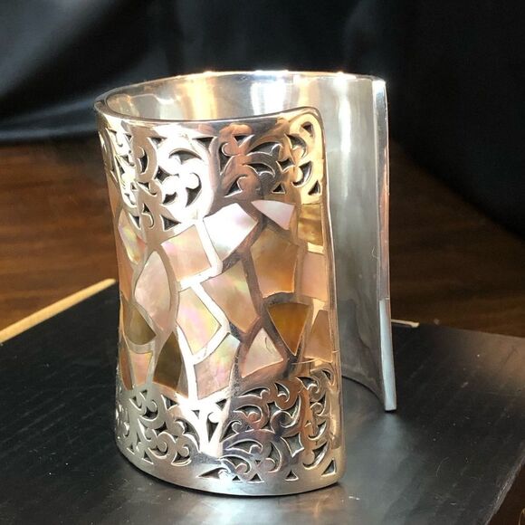 LOIS HILL Tall Sterling Silver Abalone Mosaic Inlay Cuff Bracelet - Picture 4 of 17